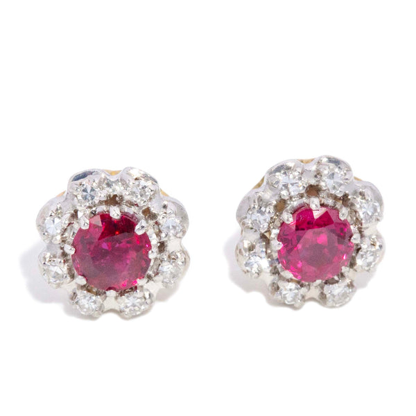 Lila Vintage Ruby & Diamond Halo Stud Earrings 18ct White Gold Earrings Imperial Jewellery 