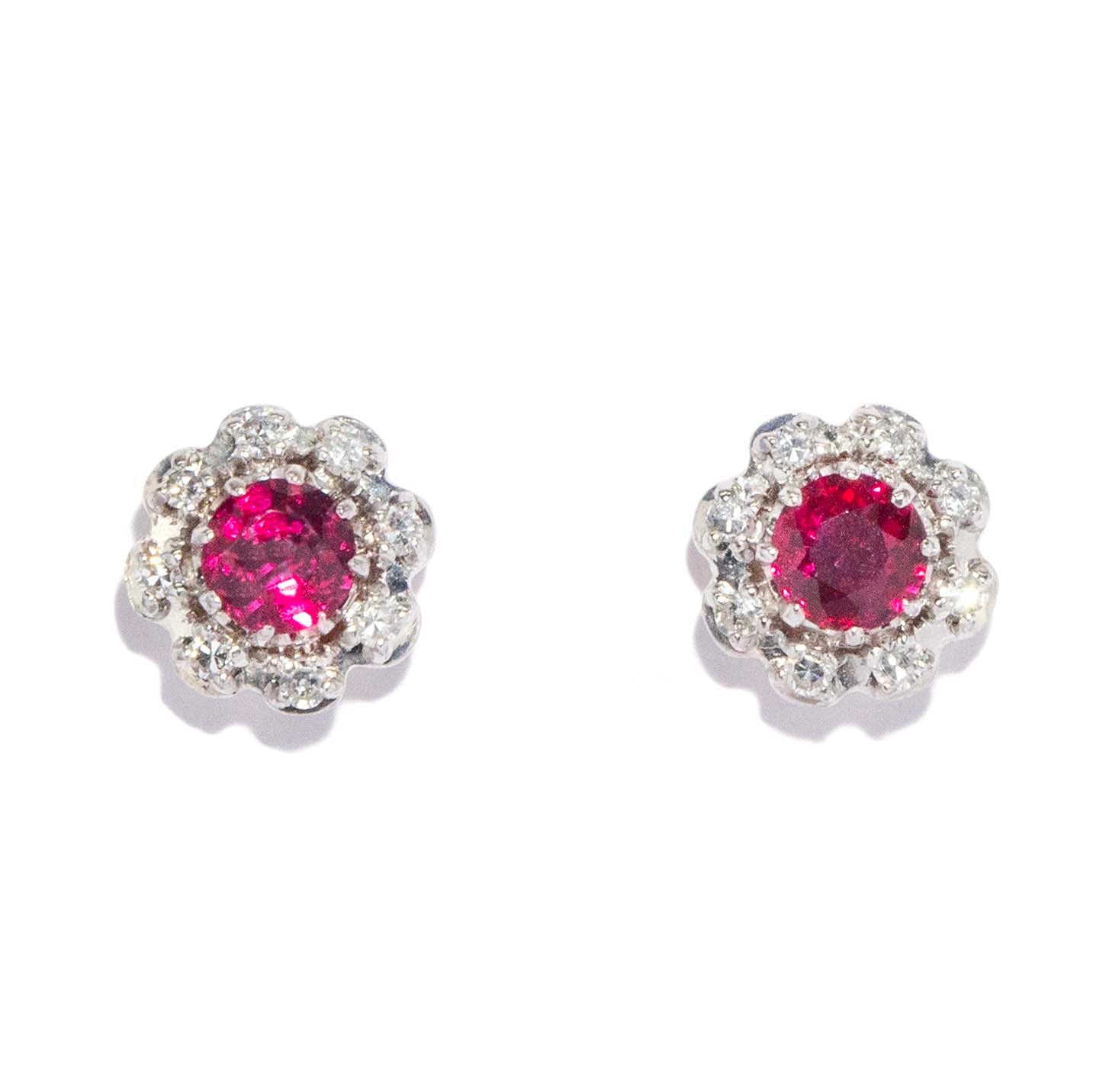 Lila Vintage Ruby & Diamond Halo Stud Earrings 18ct White Gold Earrings Imperial Jewellery 
