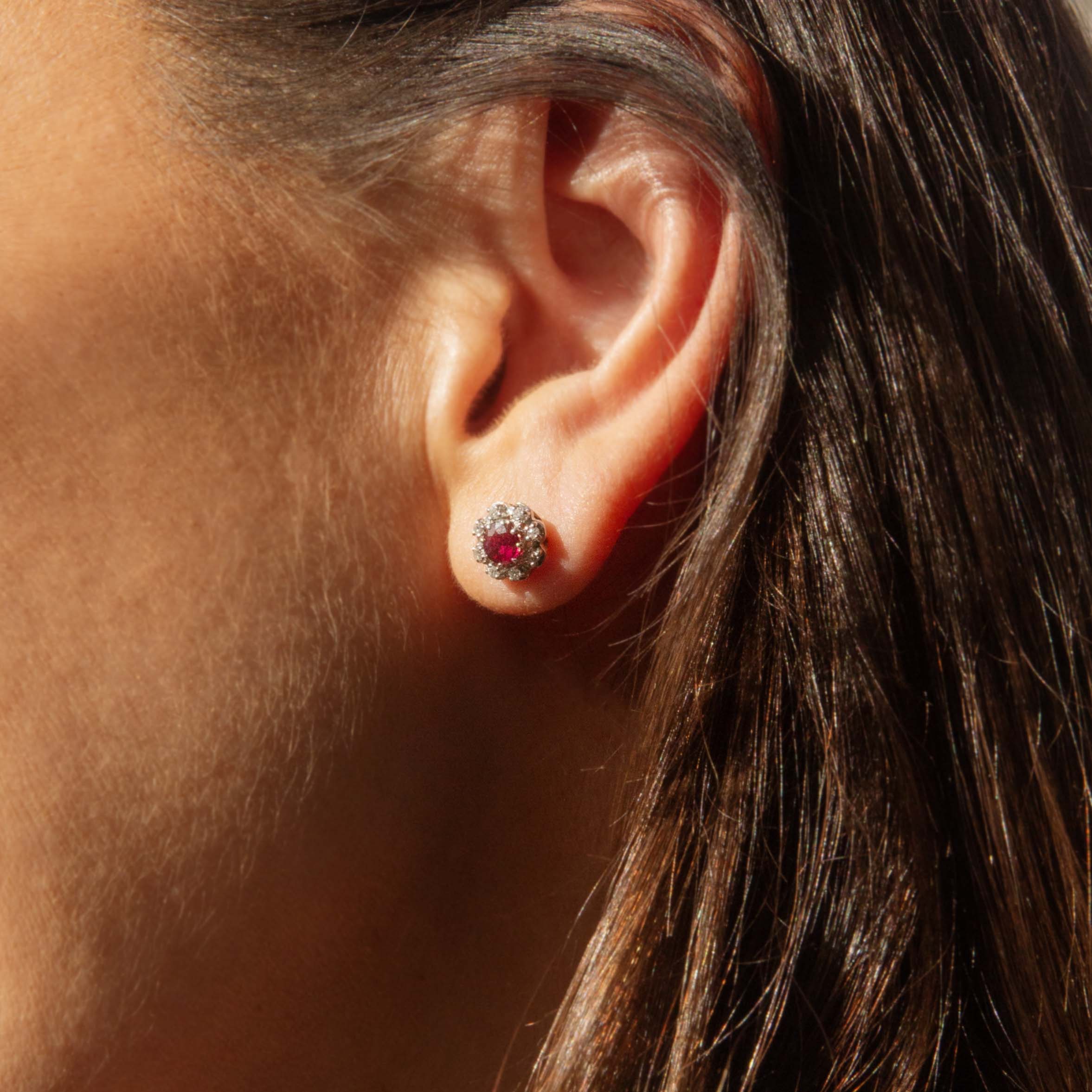 Lila Vintage Ruby & Diamond Halo Stud Earrings 18ct White Gold Earrings Imperial Jewellery 