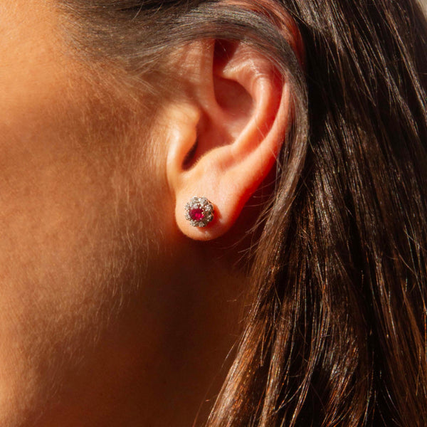 Lila Vintage Ruby & Diamond Halo Stud Earrings 18ct White Gold Earrings Imperial Jewellery 