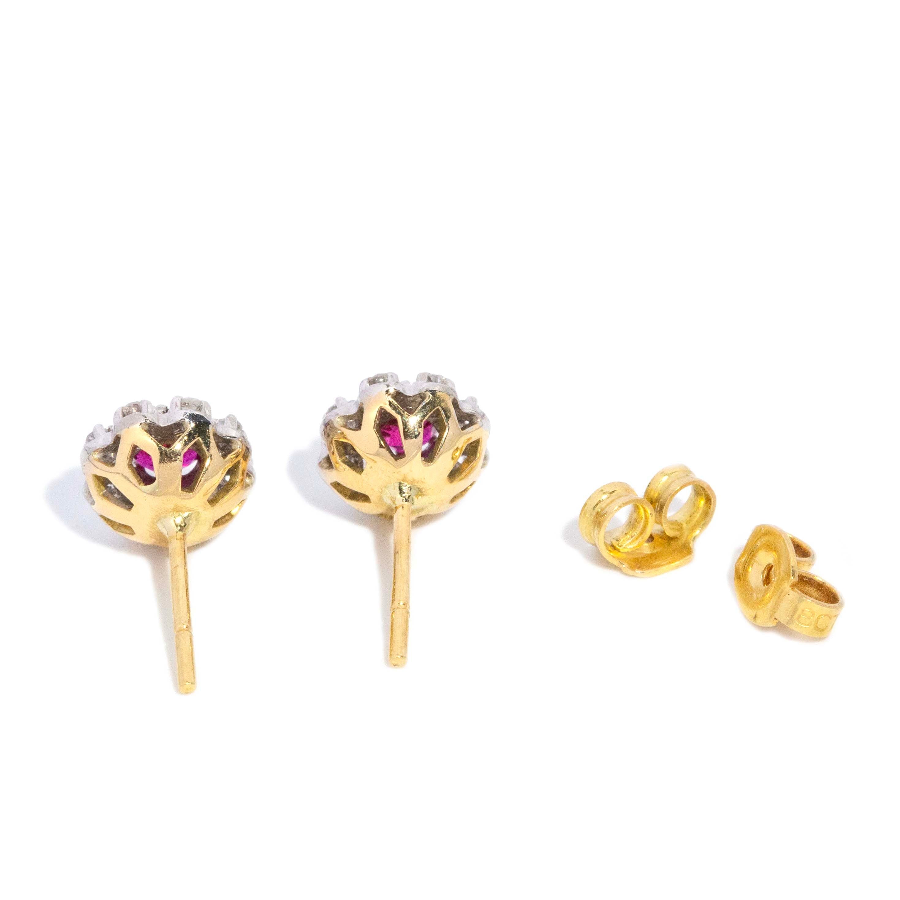 Lila Vintage Ruby & Diamond Halo Stud Earrings 18ct White Gold Earrings Imperial Jewellery 
