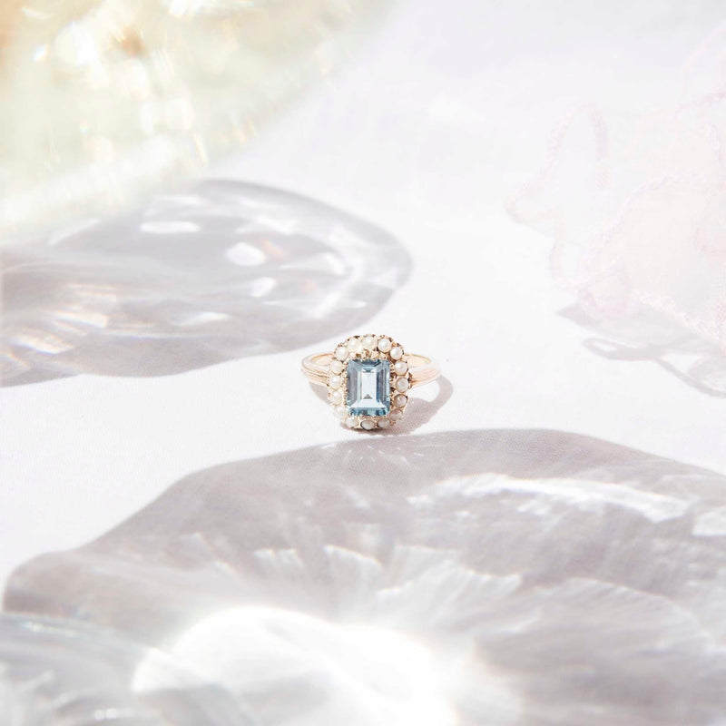 Lillian Blue Topaz and Seed Pearl Ring 9ct Gold Rings Imperial Jewellery 