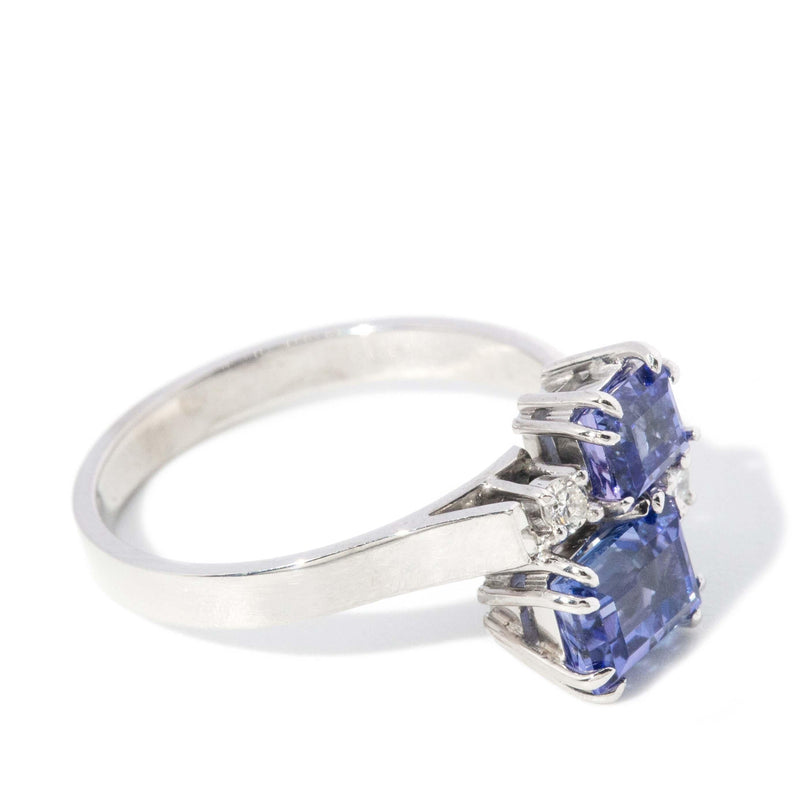 Vintage Circa 1970s Twin Tanzanite Diamond Ring 18 Carat White Gold