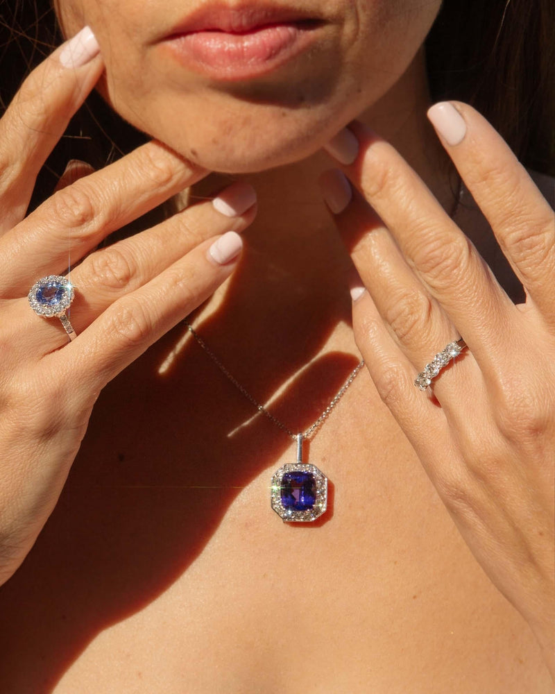 Vintage 1990s Tanzanite & Diamond Pendant & Chain 18 Carat White Gold