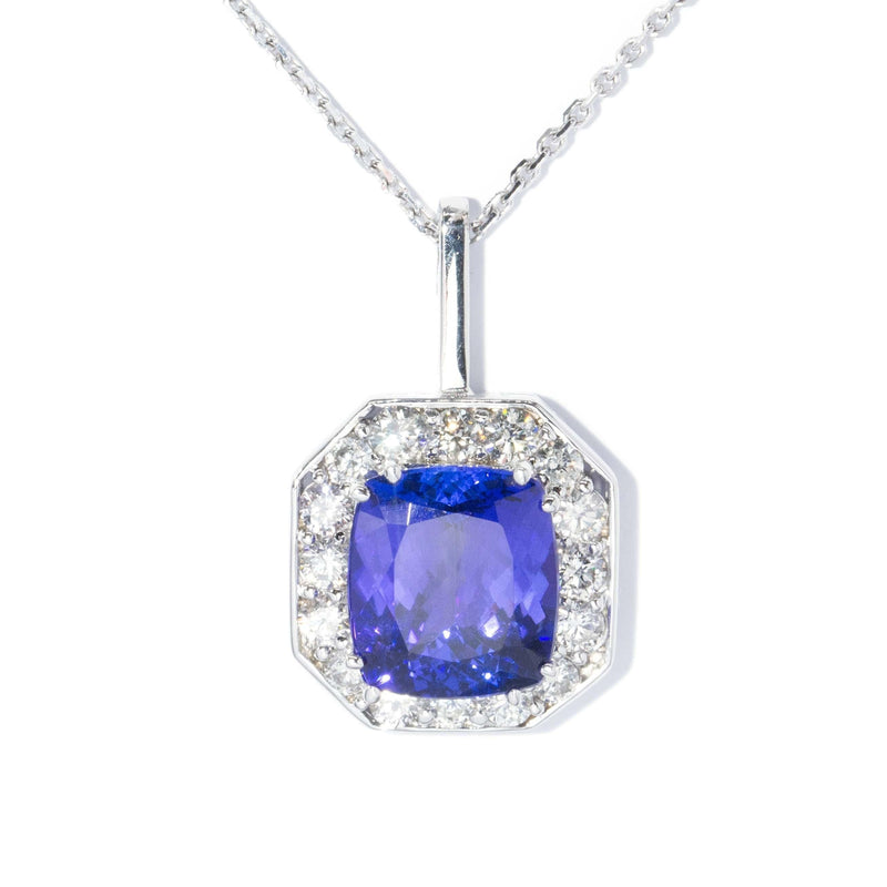 Vintage 1990s Tanzanite & Diamond Pendant & Chain 18 Carat White Gold