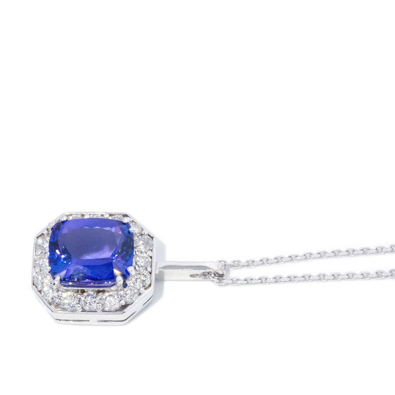 Vintage 1990s Tanzanite & Diamond Pendant & Chain 18 Carat White Gold