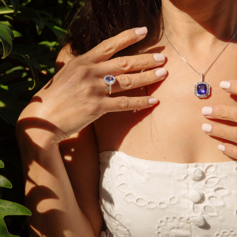 Vintage 1990s Tanzanite & Diamond Pendant & Chain 18 Carat White Gold