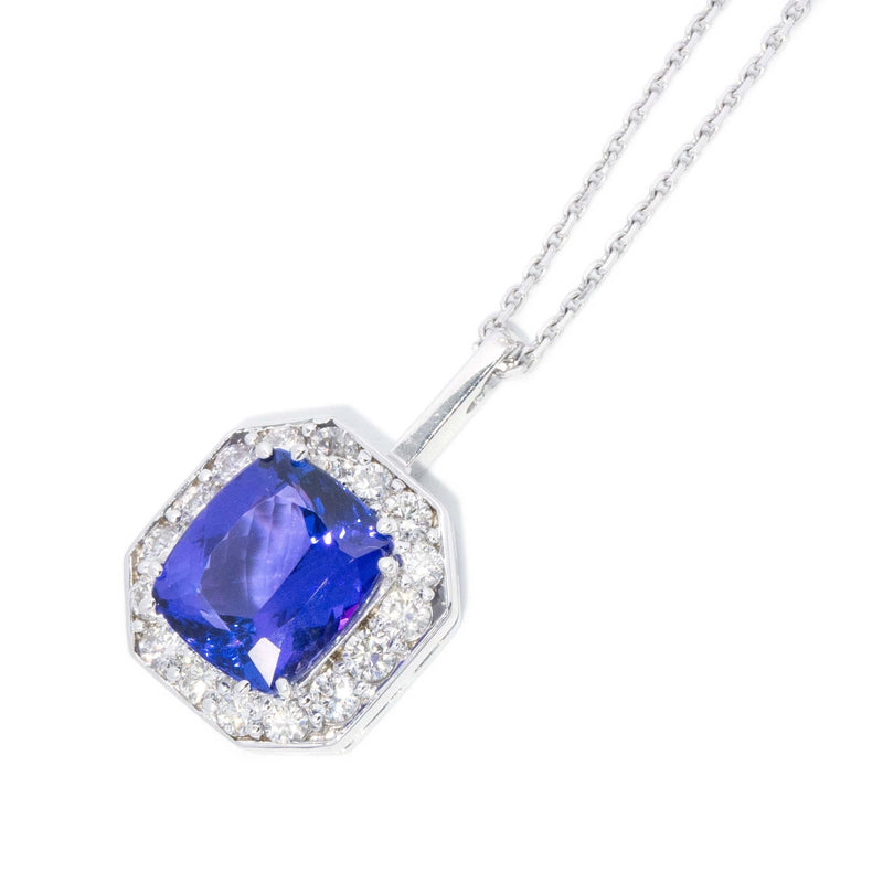 Vintage 1990s Tanzanite & Diamond Pendant & Chain 18 Carat White Gold