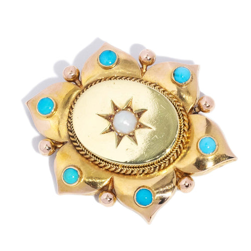 Lily Edwardian Seed Pearl & Turquoise Brooch 15K Yellow Gold