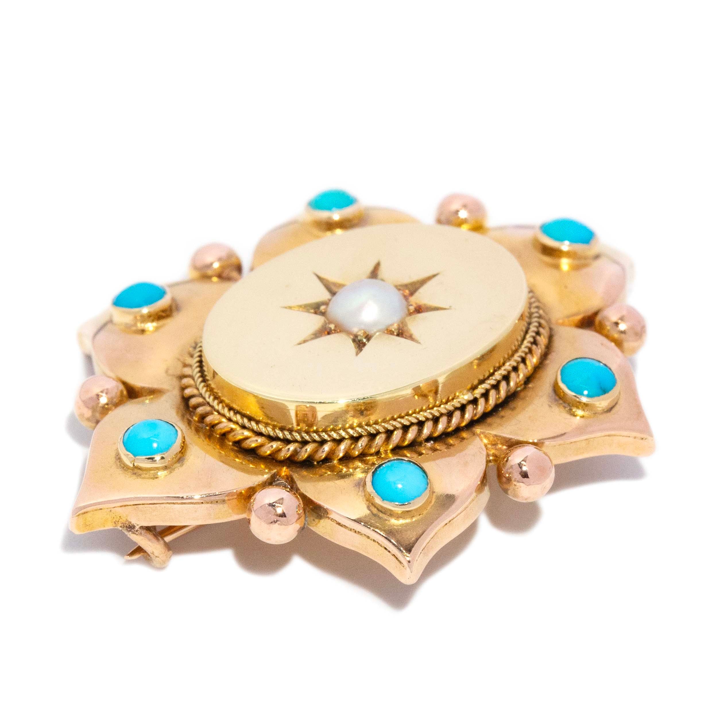 Lily Edwardian Pearl & Turquoise Star Flower Brooch 15ct Gold Brooches Imperial Jewellery 