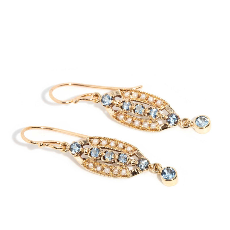 Lola Aquamarine & Pearl Drop Earrings 9ct Gold Earrings Imperial Jewellery 