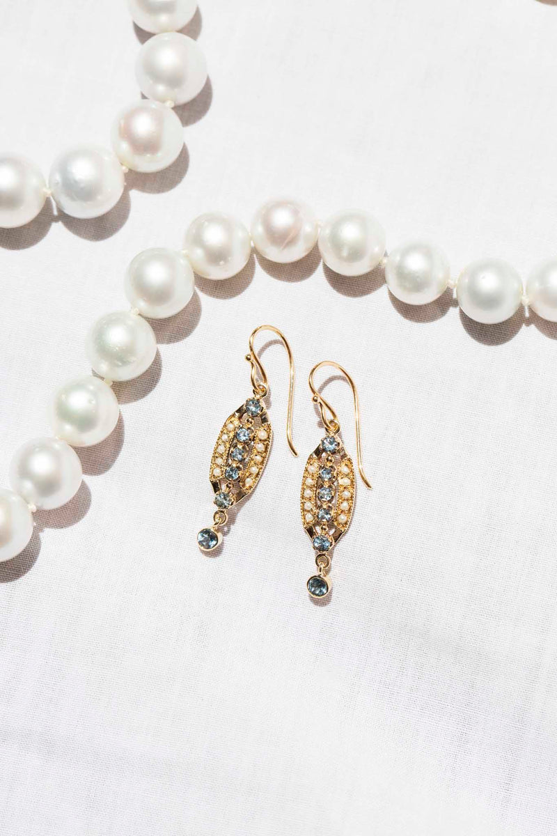 Lola Aquamarine & Pearl Drop Earrings 9ct Gold Earrings Imperial Jewellery 