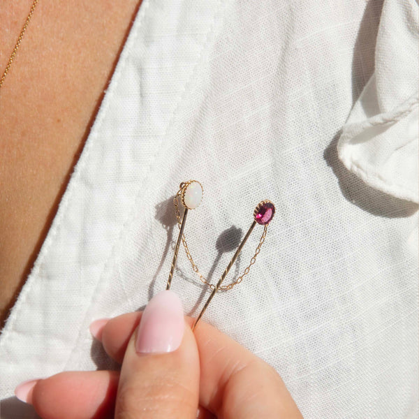 Lorelai Antique Circa 1920s Garnet & White Opal Jabot Pins 9ct Yellow Gold Brooches Imperial Jewellery 