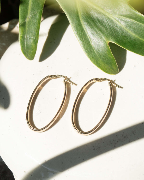 Vintage Circa 1990s Elongated Hoop Earrings 9 Carat Yellow Gold