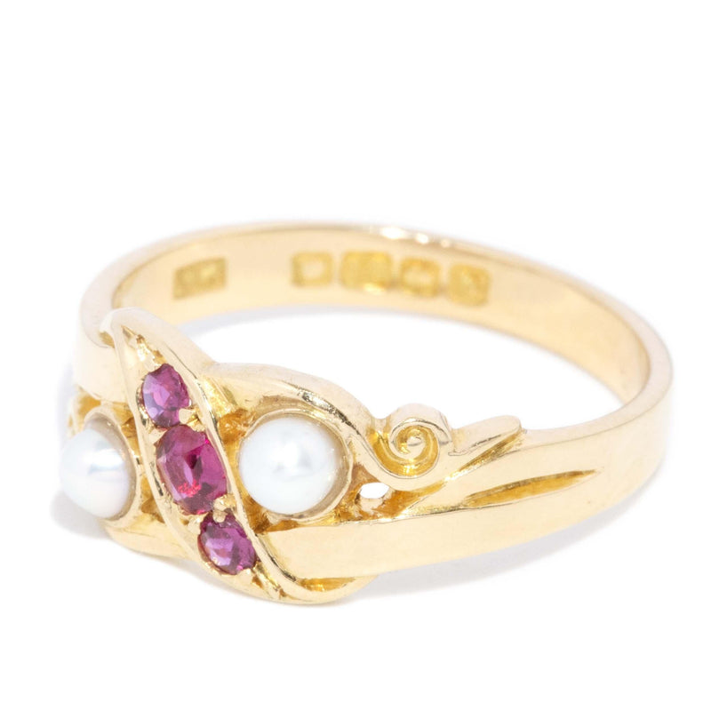Antique 1901 Edwardian Ruby & Seed Pearl Ring 18 Carat Yellow Gold