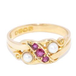 Antique 1901 Edwardian Ruby & Seed Pearl Ring 18 Carat Yellow Gold