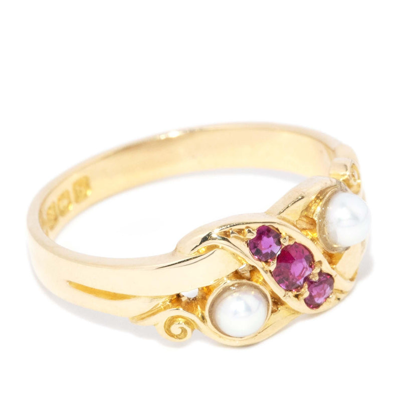 Antique 1901 Edwardian Ruby & Seed Pearl Ring 18 Carat Yellow Gold