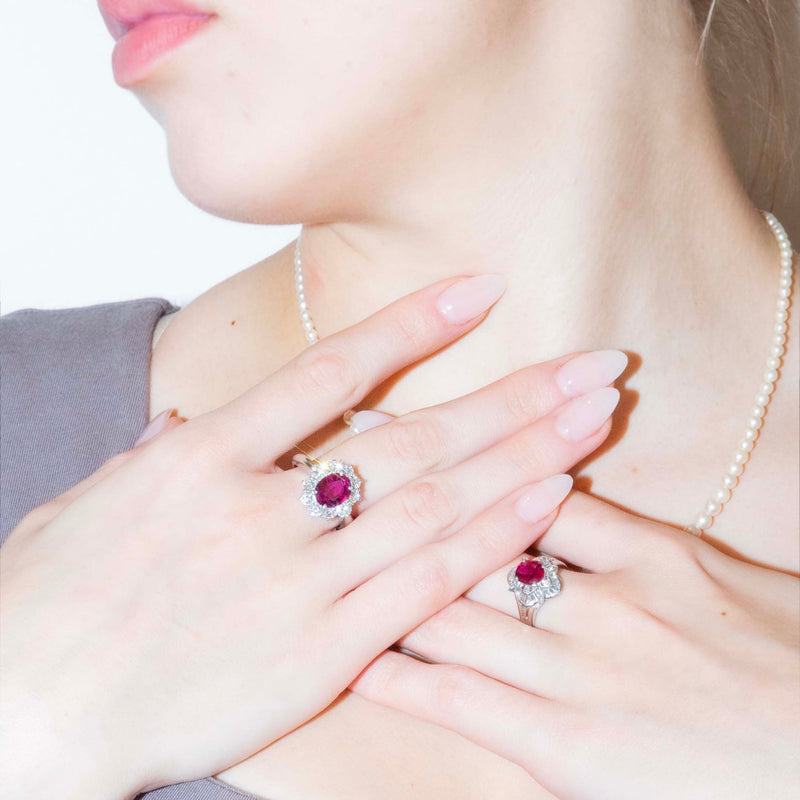 Luiza 1980s Deep Pink Oval Ruby & Diamond Platinum Ring Ring Imperial Jewellery 