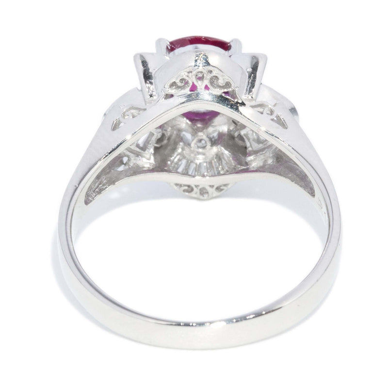 Vintage Circa 1980s Deep Pinkish Ruby & Diamond Platinum Ring