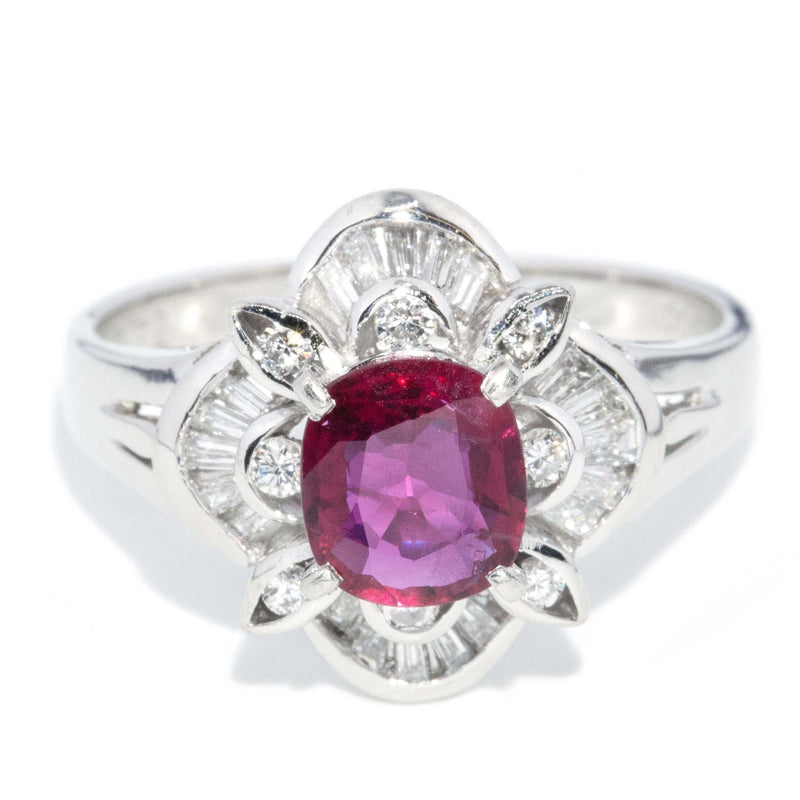 Vintage Circa 1980s Deep Pinkish Ruby & Diamond Platinum Ring