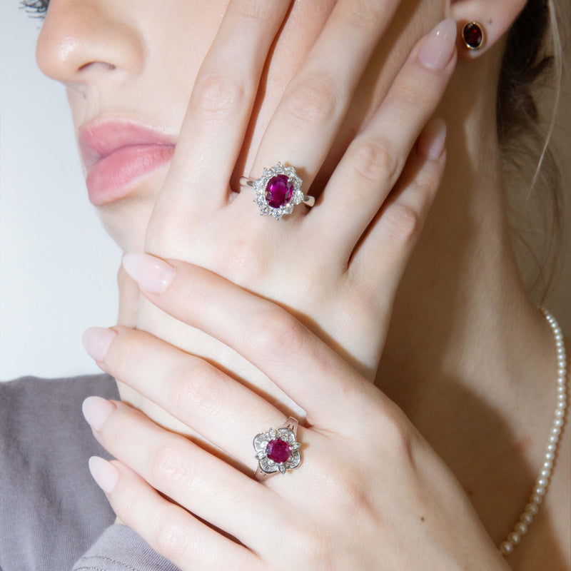 Luiza 1980s Deep Pink Oval Ruby & Diamond Platinum Ring Ring Imperial Jewellery 