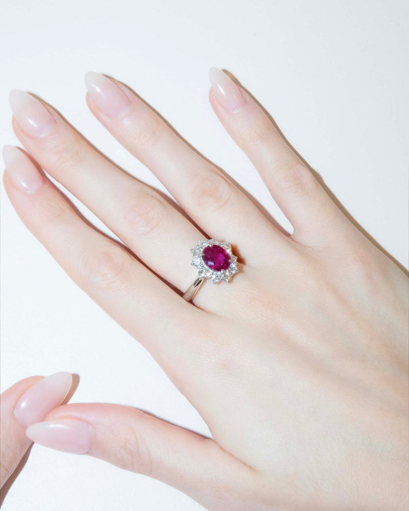 Luiza 1980s Deep Pink Oval Ruby & Diamond Platinum Ring Ring Imperial Jewellery 