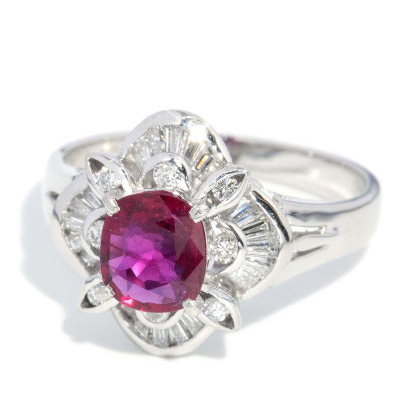 Vintage Circa 1980s Deep Pinkish Ruby & Diamond Platinum Ring
