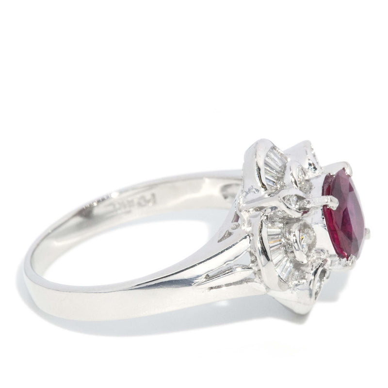 Vintage Circa 1980s Deep Pinkish Ruby & Diamond Platinum Ring