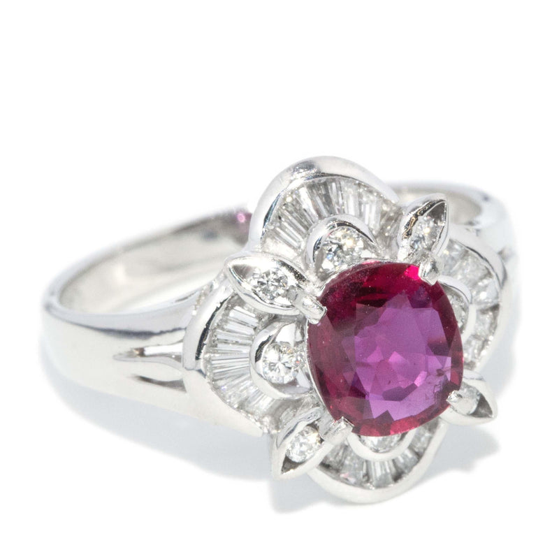 Vintage Circa 1980s Deep Pinkish Ruby & Diamond Platinum Ring