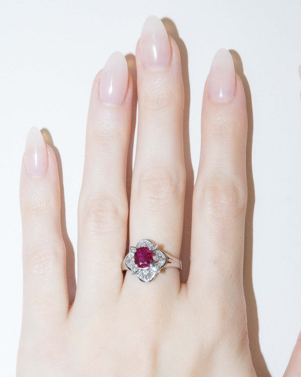 Luiza 1980s Deep Pink Oval Ruby & Diamond Platinum Ring Ring Imperial Jewellery 