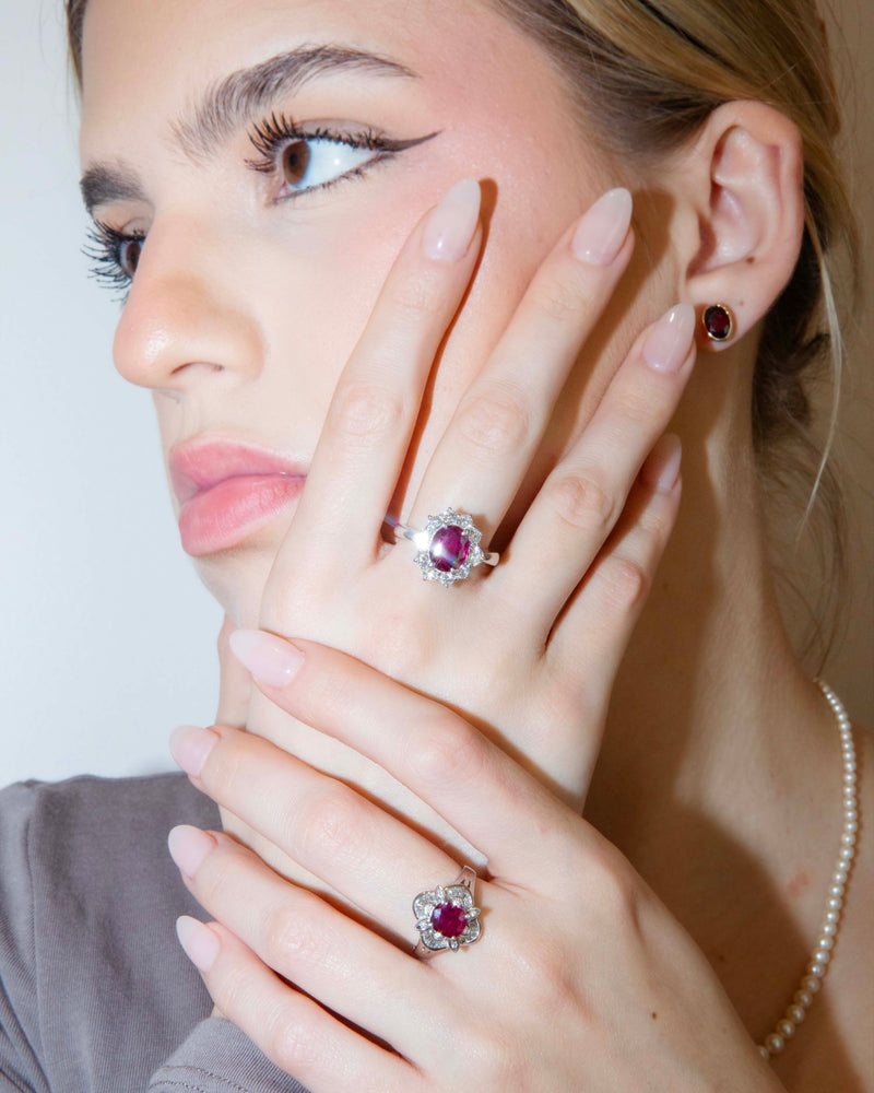 Luiza 1980s Deep Pink Oval Ruby & Diamond Platinum Ring Ring Imperial Jewellery 