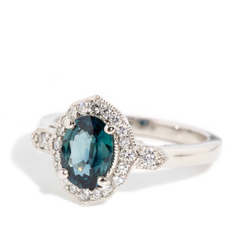 Lulani Platinum Teal Sapphire & Diamond Halo Ring Rings Imperial Jewellery 