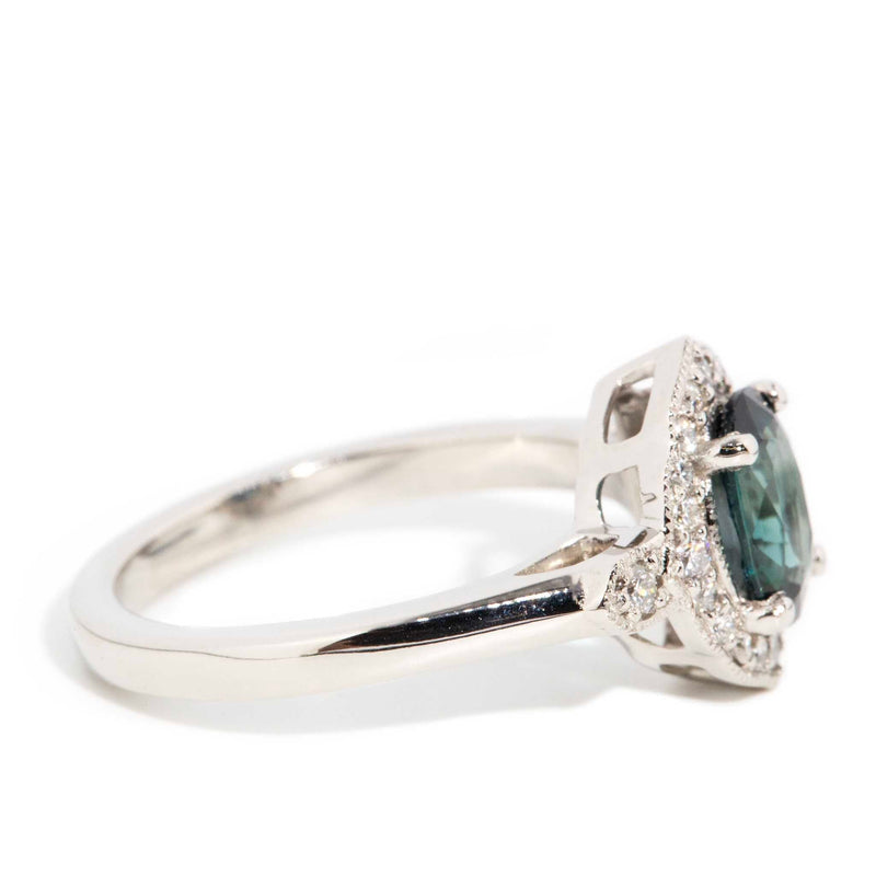 Lulani Platinum Teal Sapphire & Diamond Halo Ring Rings Imperial Jewellery 