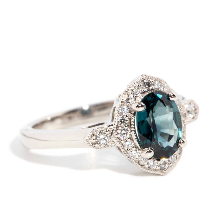 Lulani Platinum Teal Sapphire & Diamond Halo Ring Rings Imperial Jewellery 
