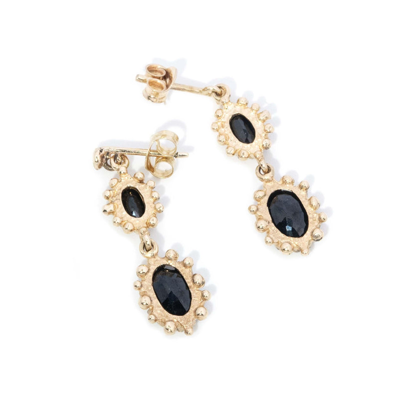 Vintage Circa 1980s Sapphire Beaded Drop Earrings 9 Carat Gold