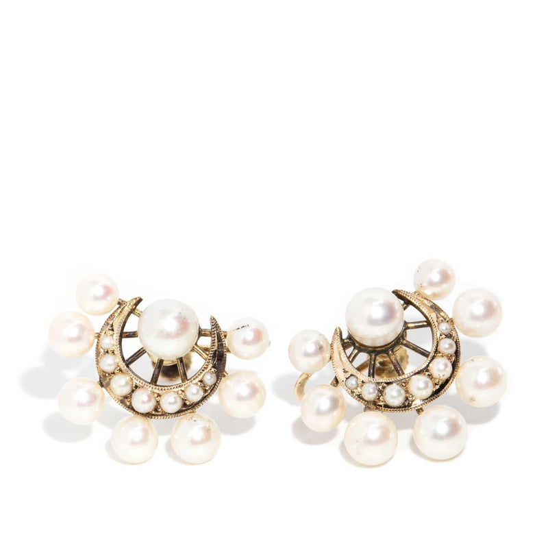 Luna Victorian Era Pearl Moon Cluster Earrings 14ct Gold