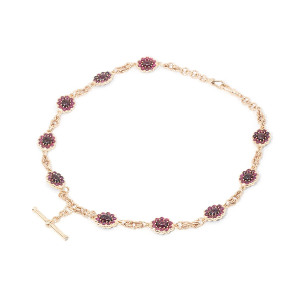 Antique Garnet & Diamond Toggle Bar Necklace 9 Carat Yellow Gold