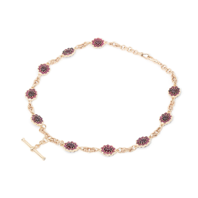 Antique Garnet & Diamond Toggle Bar Necklace 9 Carat Yellow Gold