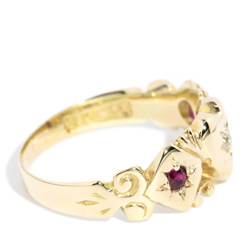 Antique Circa 1930s Diamond Ruby Signet Ring 15 Carat Yellow Gold