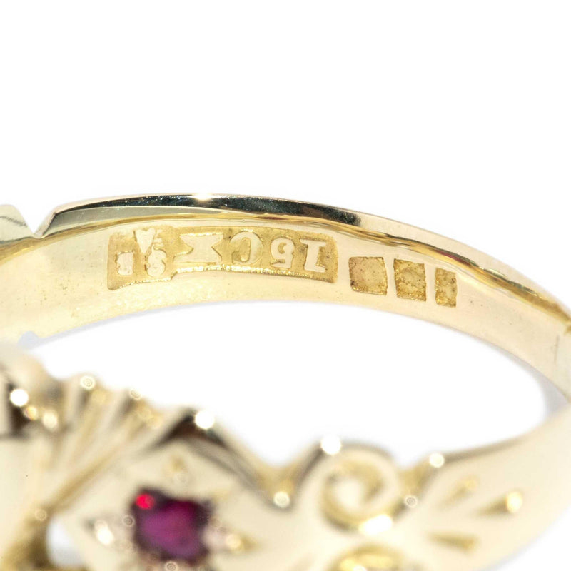 Antique Circa 1930s Diamond Ruby Signet Ring 15 Carat Yellow Gold