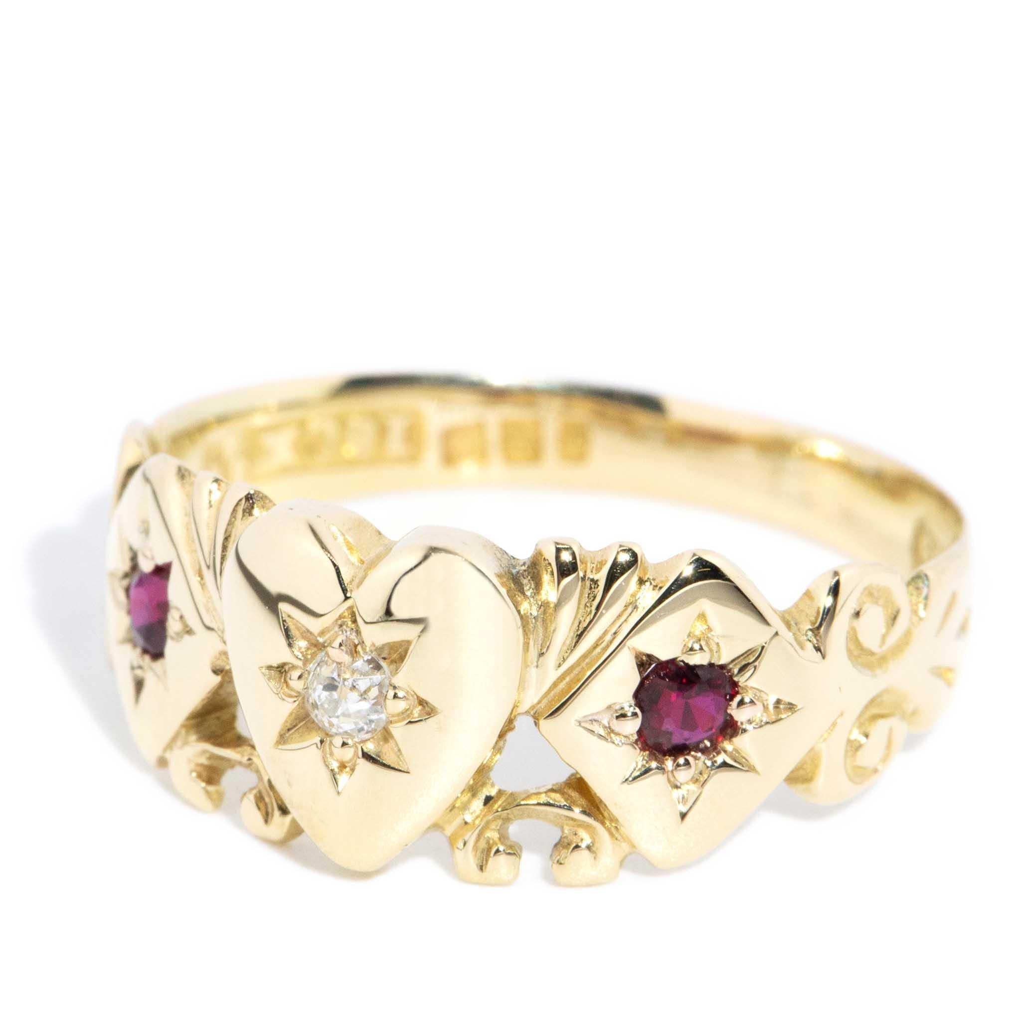 Antique Circa 1930s Diamond Ruby Signet Ring 15 Carat Yellow Gold