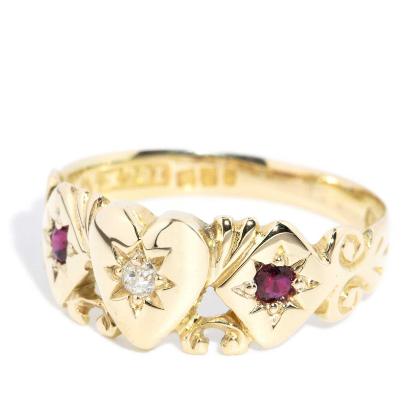 Antique Circa 1930s Diamond Ruby Signet Ring 15 Carat Yellow Gold