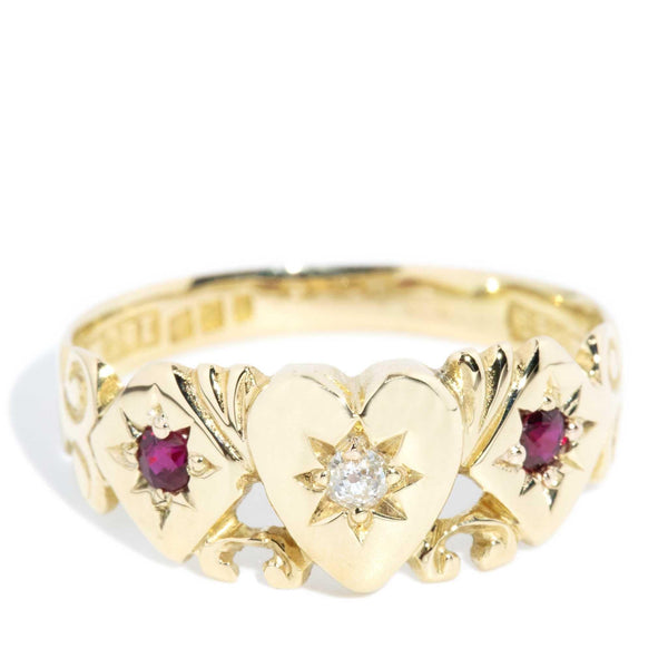 Antique Circa 1930s Diamond Ruby Signet Ring 15 Carat Yellow Gold