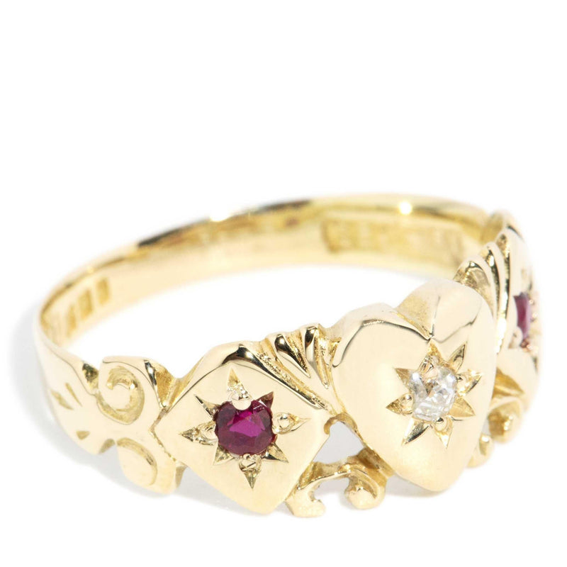 Antique Circa 1930s Diamond Ruby Signet Ring 15 Carat Yellow Gold