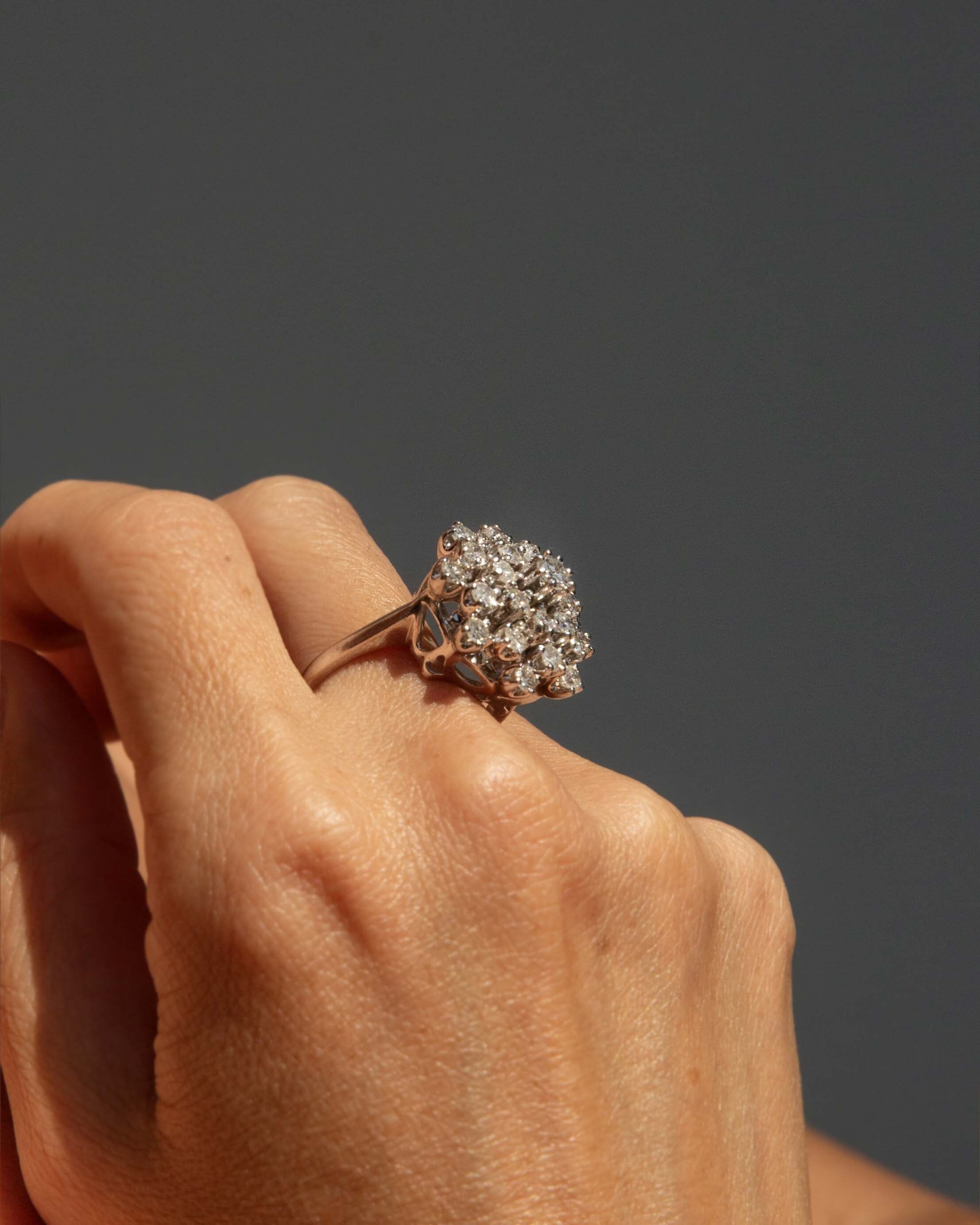 Lysander 1970s Starburst Diamond Cluster Ring 14ct White Gold Rings Imperial Jewellery 