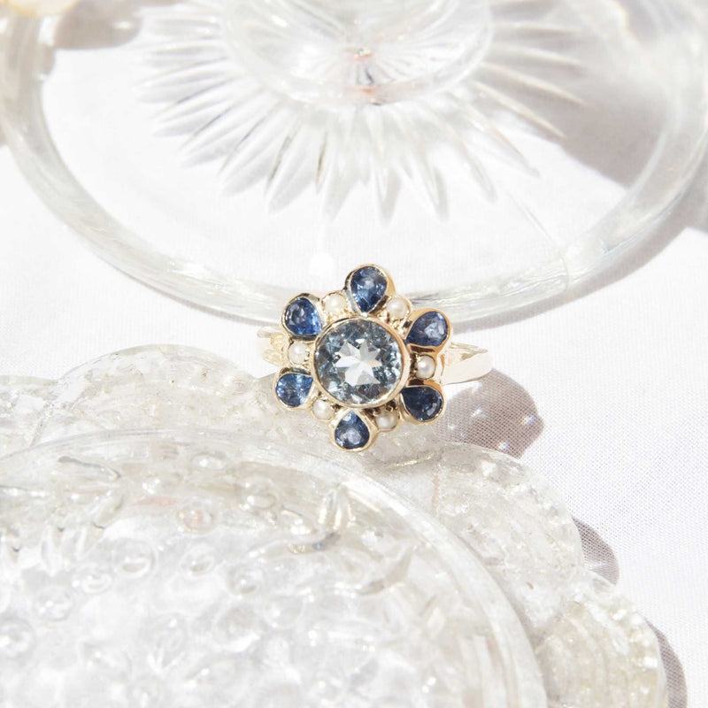 Mae Sapphire Topaz & Seed Pearl Ring 9ct Gold Rings Imperial Jewellery 