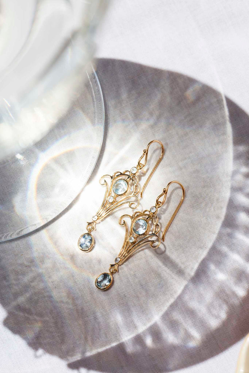 Maeve Blue Topaz Art Deco Style Drop Earrings 9ct Gold Earrings Imperial Jewellery 