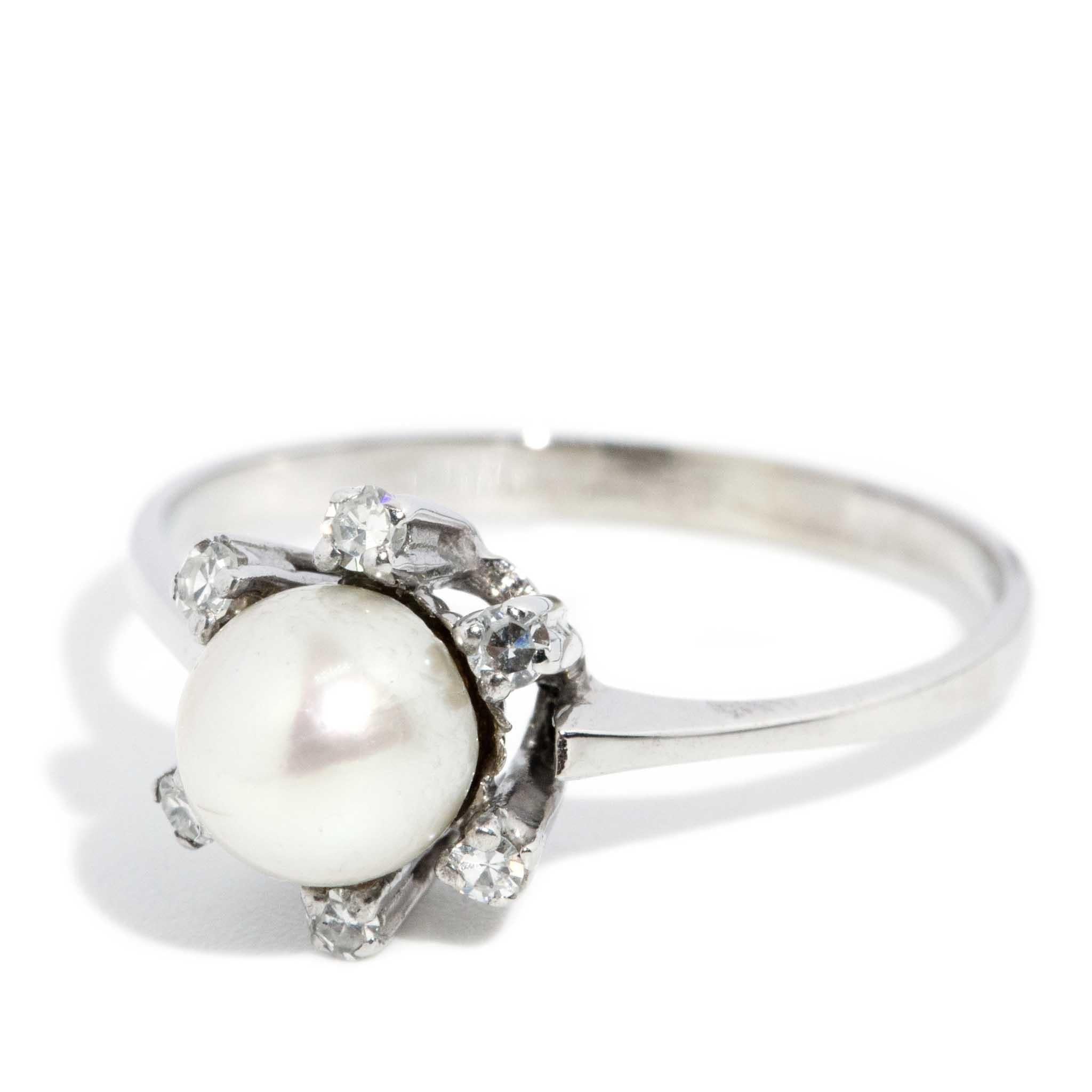 Contemporary Circa 1960s Diamond & Pearl Ring 14 Carat White Gold