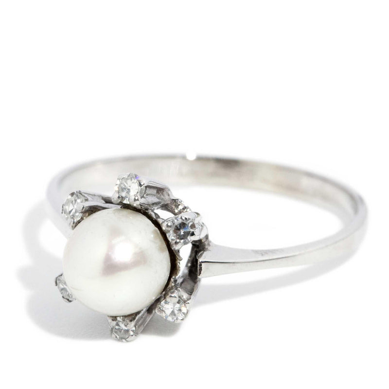 Contemporary Circa 1960s Diamond & Pearl Ring 14 Carat White Gold