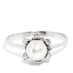 Contemporary Circa 1960s Diamond & Pearl Ring 14 Carat White Gold